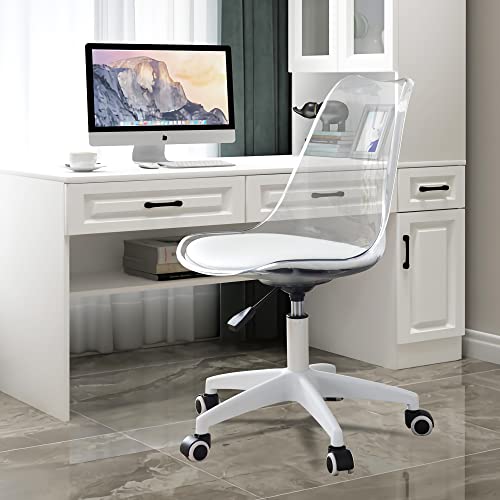 Acrylic Clear Desk Chair Rolling Office Chair with Cushion Armless Swivel Vanity Chairs Plastic Adjustable Height Home Office Desk Chairs with Wheels Modern Ghost Chair for Adult,(White)