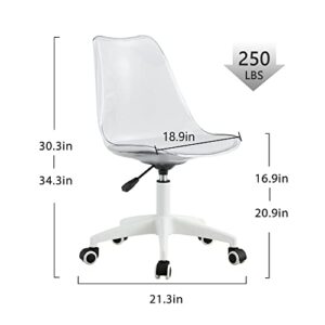 Acrylic Clear Desk Chair Rolling Office Chair with Cushion Armless Swivel Vanity Chairs Plastic Adjustable Height Home Office Desk Chairs with Wheels Modern Ghost Chair for Adult,(White)