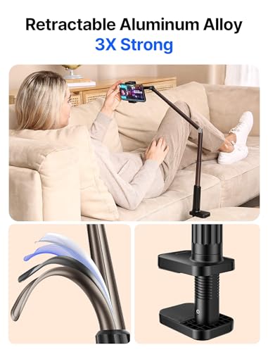 JSAUX Phone Holder for Desk and Bed Compatible with iPhone 15 14 13 12 Overhead Phone Mount Gooseneck Phone Stand Flexible 360 Lazy Long Arm Clamp Clip for Table Bedside [1-Pack, Black]