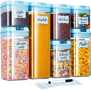 airtight food storage containers for kitchen & pantry organization and storage (7 pack) - bpa free plastic food containers with lock lids - sugar, flour, pasta & cereal canister with labels & marker