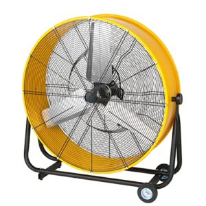 simple deluxe 36 inch heavy duty metal industrial drum fan, 3 speed floor fan for warehouse, workshop, factory and basement - high velocity, yellow