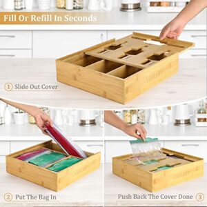 Bamboo Ziplock Bag Storage Organizer, vinlley Bag Storage Organizer for Kitchen Drawer, Bamboo Organizer,with Slider, Compatible with Gallon, Quart, Sandwich and Snack Variety Size Bag (1 Box 4 Slots)