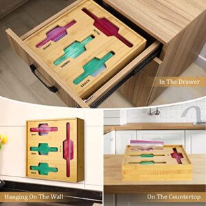 Bamboo Ziplock Bag Storage Organizer, vinlley Bag Storage Organizer for Kitchen Drawer, Bamboo Organizer,with Slider, Compatible with Gallon, Quart, Sandwich and Snack Variety Size Bag (1 Box 4 Slots)