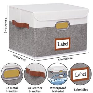 Yawinhe 4-Pack Storage Boxes with Lids, Storage Baskets Cubes, 13x9x7.9Inch, Fabric Storage Bins Organizer Containers with Dual Leather Handles for Home Bedroom Closet Office White/Grey