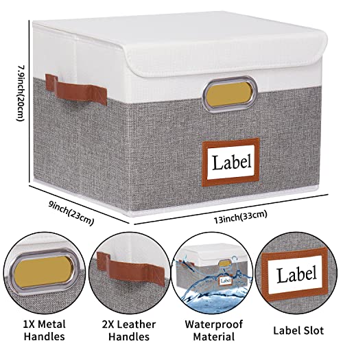 Yawinhe 4-Pack Storage Boxes with Lids, Storage Baskets Cubes, 13x9x7.9Inch, Fabric Storage Bins Organizer Containers with Dual Leather Handles for Home Bedroom Closet Office White/Grey