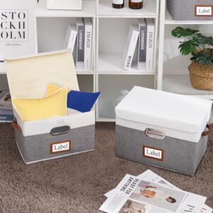 Yawinhe 4-Pack Storage Boxes with Lids, Storage Baskets Cubes, 13x9x7.9Inch, Fabric Storage Bins Organizer Containers with Dual Leather Handles for Home Bedroom Closet Office White/Grey