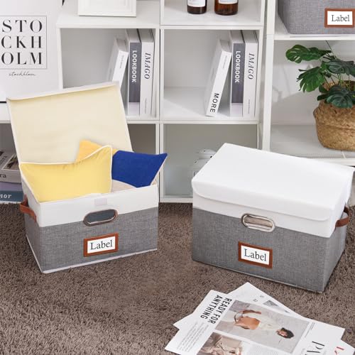 Yawinhe 4-Pack Storage Boxes with Lids, Storage Baskets Cubes, 13x9x7.9Inch, Fabric Storage Bins Organizer Containers with Dual Leather Handles for Home Bedroom Closet Office White/Grey