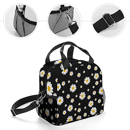 VIGKOIR Daisy Lunch Bag Durable Black Gift Lunch Box Large Cooler Container for Women Office Work Travel Picnic