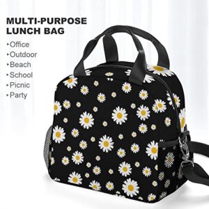 VIGKOIR Daisy Lunch Bag Durable Black Gift Lunch Box Large Cooler Container for Women Office Work Travel Picnic