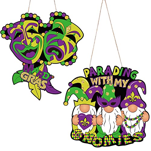 Tiamon 2 Pieces Mardi Gras Decorations Mardi Gras Door Hanger Wooden Masquerade Gnome Hanging Decor Carnival Party Decor Comedy Crying Face Door Signs for New Orleans Door Signs