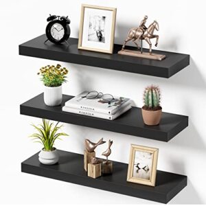 fixwal black floating shelves, set of 3 wall shelves, large 24in x 6in wall mounted shelf for bedroom, living room, bathroom and plants