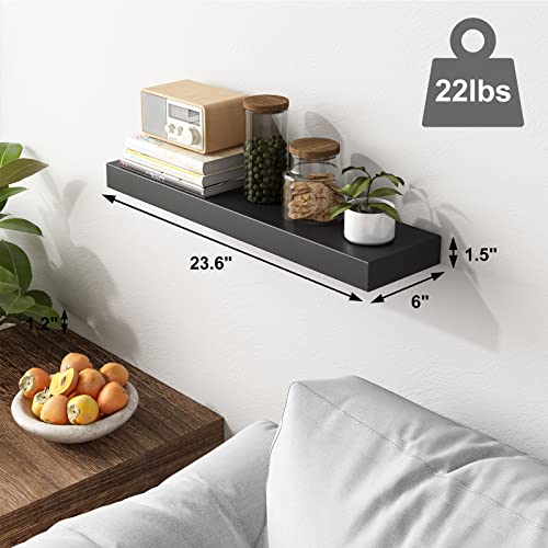 Fixwal Black Floating Shelves, Set of 3 Wall Shelves, Large 24in x 6in Wall Mounted Shelf for Bedroom, Living Room, Bathroom and Plants