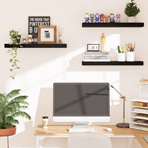 Fixwal Black Floating Shelves, Set of 3 Wall Shelves, Large 24in x 6in Wall Mounted Shelf for Bedroom, Living Room, Bathroom and Plants