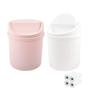 2 pcs small trash can with lid,mini trash can with 4 rolls of small trash bags,3l tiny desktop waste basket garbage bin for home, office, kitchen, vanity, tabletop, bedroom, bathroom(white + pink)