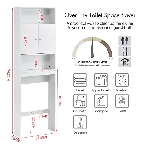 ME2 Bathroom Over The Toilet Storage, 77'' Taller Bathroom Organizer Shelf Space-Saving Collect Cabinet with Shelves and Double Doors, White