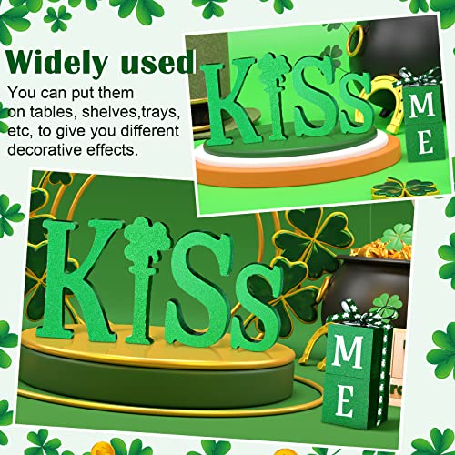 5 Pcs St Patricks Day Decorations Kiss Me Letter Wooden Sign Farmhouse Irish Table Decor with Green Four Leaf for Gift Desk Home Office Supplies Party Rustic Decor