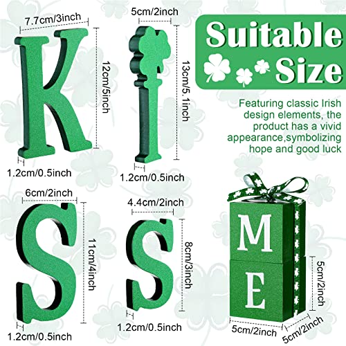 5 Pcs St Patricks Day Decorations Kiss Me Letter Wooden Sign Farmhouse Irish Table Decor with Green Four Leaf for Gift Desk Home Office Supplies Party Rustic Decor
