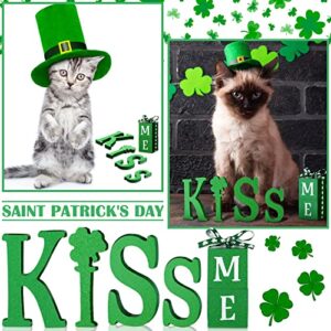 5 Pcs St Patricks Day Decorations Kiss Me Letter Wooden Sign Farmhouse Irish Table Decor with Green Four Leaf for Gift Desk Home Office Supplies Party Rustic Decor