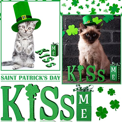 5 Pcs St Patricks Day Decorations Kiss Me Letter Wooden Sign Farmhouse Irish Table Decor with Green Four Leaf for Gift Desk Home Office Supplies Party Rustic Decor
