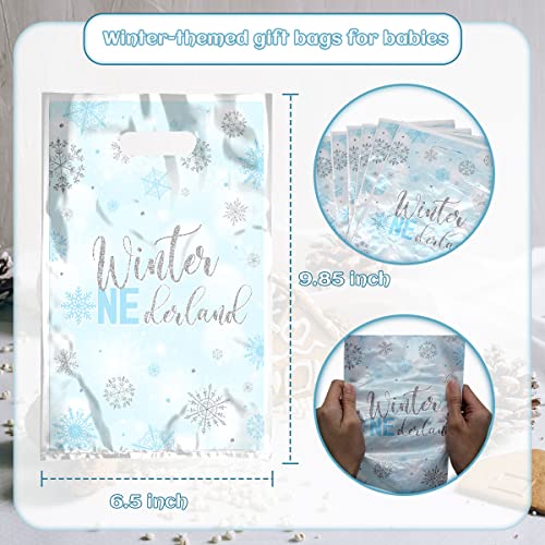 100Pcs Winter Gift Bags-Winter Onederland Baby Shower Decorations Snowflake Plastic Bags Winter Frozen Party Favor Winter Onederland 1st Birthday Bags(Winter Blue)