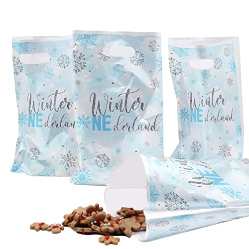 100Pcs Winter Gift Bags-Winter Onederland Baby Shower Decorations Snowflake Plastic Bags Winter Frozen Party Favor Winter Onederland 1st Birthday Bags(Winter Blue)