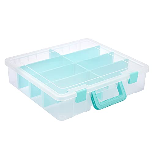 BTSKY Clear Plastic Dividing Storage Box with 8 Compartments Adjustable Storage Bin with Lid Portable Craft Storage Container Multipurpose Sewing Box Art Supply Organizer, 15.1x13.9x3.5 Inches