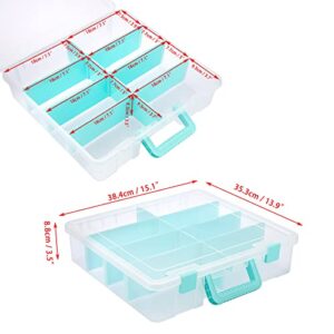 BTSKY Clear Plastic Dividing Storage Box with 8 Compartments Adjustable Storage Bin with Lid Portable Craft Storage Container Multipurpose Sewing Box Art Supply Organizer, 15.1x13.9x3.5 Inches