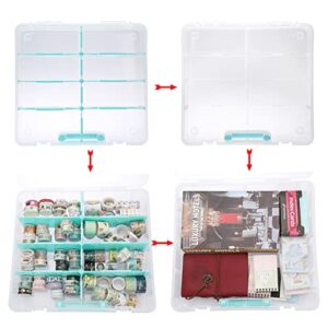 BTSKY Clear Plastic Dividing Storage Box with 8 Compartments Adjustable Storage Bin with Lid Portable Craft Storage Container Multipurpose Sewing Box Art Supply Organizer, 15.1x13.9x3.5 Inches