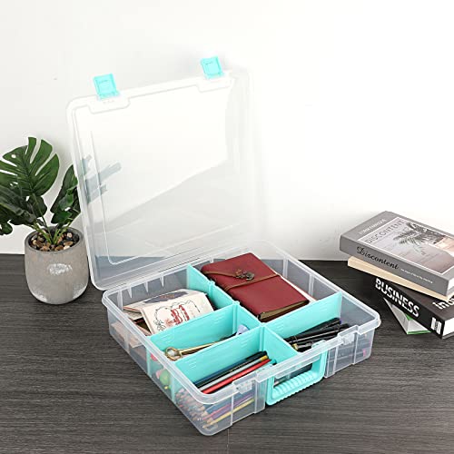 BTSKY Clear Plastic Dividing Storage Box with 8 Compartments Adjustable Storage Bin with Lid Portable Craft Storage Container Multipurpose Sewing Box Art Supply Organizer, 15.1x13.9x3.5 Inches