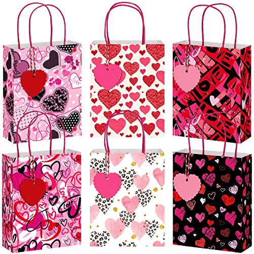 24 Pieces Valentines Day Gift Bags with Tags Valentines Candy Bags Goodie Bags with Handles Valentines Day Party Bags Red Pink Heart Love Paper Bags for Wedding and Valentine Party Supplies (Sweet)