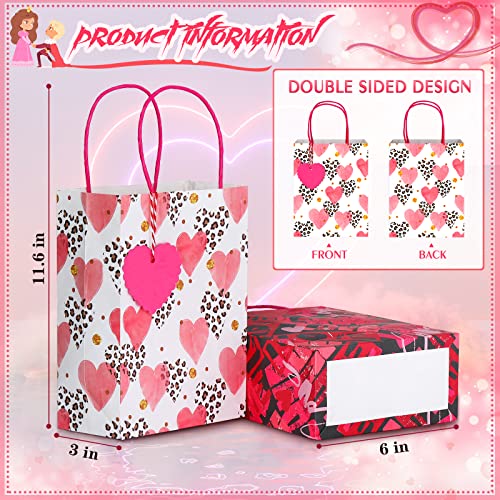 24 Pieces Valentines Day Gift Bags with Tags Valentines Candy Bags Goodie Bags with Handles Valentines Day Party Bags Red Pink Heart Love Paper Bags for Wedding and Valentine Party Supplies (Sweet)