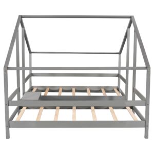 RUNWON Double Twin Size House Platform Bed, House-Shaped Sharing Daybed Frame with Built-in Desk and Safety Guard Rails for Kids Teens Adults, Grey