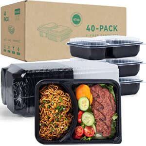 yangrui to go containers, 40 pack (40 trays + 40 lids) 41oz 2 compartment bpa free reusable take out box shrink wrap machine washable meal prep container
