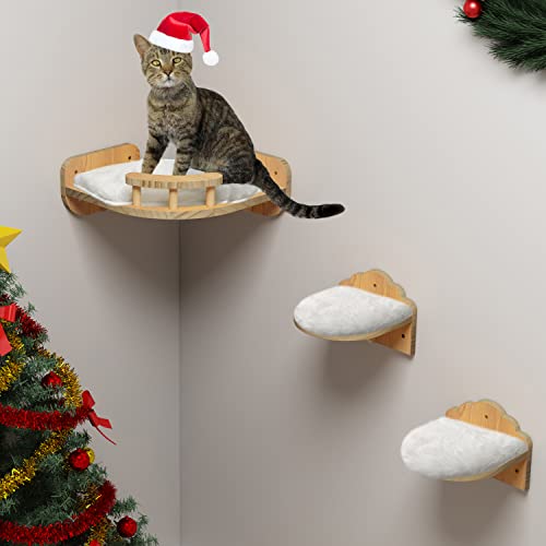 Megidok Solid Wood Cat Shelves Steps 2 Pack, Widen Cat Climbing Steps Wall Mounted Cat Furniture, Cat Perches for Wall, Cat Walkways Indoor, 8x7.5x6 inches