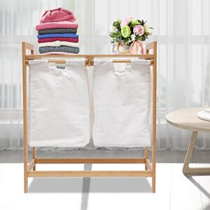 Bamboo Laundry Hamper with Shelf, Dual Compartments Laundry Organizer and Storage, Bamboo Laundry Sorter with Sliding Handles Utility Laundry Storage Organizer for Bathroom Bedroom