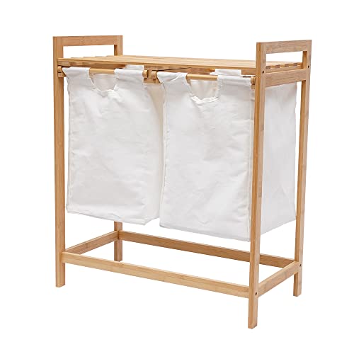 Bamboo Laundry Hamper with Shelf, Dual Compartments Laundry Organizer and Storage, Bamboo Laundry Sorter with Sliding Handles Utility Laundry Storage Organizer for Bathroom Bedroom