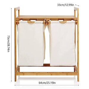 Bamboo Laundry Hamper with Shelf, Dual Compartments Laundry Organizer and Storage, Bamboo Laundry Sorter with Sliding Handles Utility Laundry Storage Organizer for Bathroom Bedroom