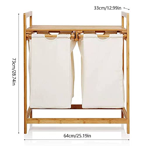 Bamboo Laundry Hamper with Shelf, Dual Compartments Laundry Organizer and Storage, Bamboo Laundry Sorter with Sliding Handles Utility Laundry Storage Organizer for Bathroom Bedroom