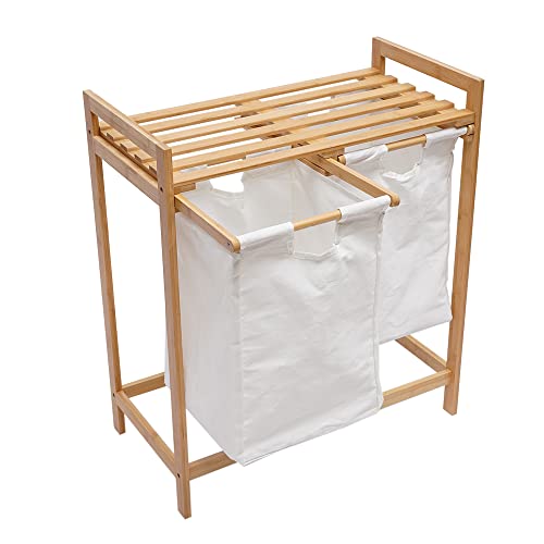 Bamboo Laundry Hamper with Shelf, Dual Compartments Laundry Organizer and Storage, Bamboo Laundry Sorter with Sliding Handles Utility Laundry Storage Organizer for Bathroom Bedroom