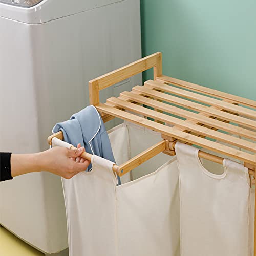 Bamboo Laundry Hamper with Shelf, Dual Compartments Laundry Organizer and Storage, Bamboo Laundry Sorter with Sliding Handles Utility Laundry Storage Organizer for Bathroom Bedroom