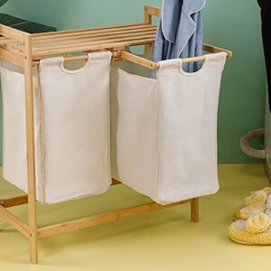 Bamboo Laundry Hamper with Shelf, Dual Compartments Laundry Organizer and Storage, Bamboo Laundry Sorter with Sliding Handles Utility Laundry Storage Organizer for Bathroom Bedroom