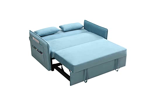 Cotoala Modern Velvet Convertible Loveseat Sleeper Sofa with Adjustable Pull Out Bed w/Arms & Two Side Pockets, Two Lumbar Pillows, 2 Seat Couch Living Room and Apartment, Blue