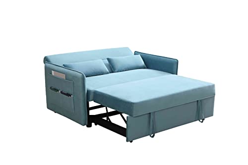 Cotoala Modern Velvet Convertible Loveseat Sleeper Sofa with Adjustable Pull Out Bed w/Arms & Two Side Pockets, Two Lumbar Pillows, 2 Seat Couch Living Room and Apartment, Blue