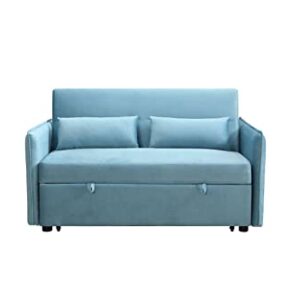 Cotoala Modern Velvet Convertible Loveseat Sleeper Sofa with Adjustable Pull Out Bed w/Arms & Two Side Pockets, Two Lumbar Pillows, 2 Seat Couch Living Room and Apartment, Blue