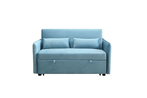 Cotoala Modern Velvet Convertible Loveseat Sleeper Sofa with Adjustable Pull Out Bed w/Arms & Two Side Pockets, Two Lumbar Pillows, 2 Seat Couch Living Room and Apartment, Blue