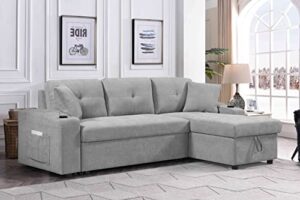 cotoala l-shape sectional sofa with pull-out bed and storage space, right chaise longue convertible sleeper couch w/ 2 cup holders & side pockets, for living room, apartment, 92", gray