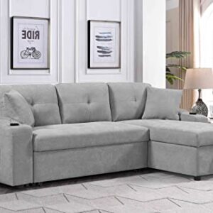 Cotoala L-Shape Sectional Sofa with Pull-Out Bed and Storage Space, Right Chaise Longue Convertible Sleeper Couch w/ 2 Cup Holders & Side Pockets, for Living Room, Apartment, 92", Gray