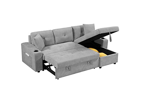Cotoala L-Shape Sectional Sofa with Pull-Out Bed and Storage Space, Right Chaise Longue Convertible Sleeper Couch w/ 2 Cup Holders & Side Pockets, for Living Room, Apartment, 92", Gray