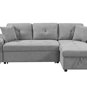 Cotoala L-Shape Sectional Sofa with Pull-Out Bed and Storage Space, Right Chaise Longue Convertible Sleeper Couch w/ 2 Cup Holders & Side Pockets, for Living Room, Apartment, 92", Gray