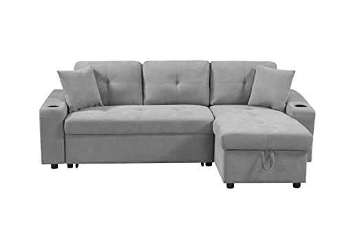 Cotoala L-Shape Sectional Sofa with Pull-Out Bed and Storage Space, Right Chaise Longue Convertible Sleeper Couch w/ 2 Cup Holders & Side Pockets, for Living Room, Apartment, 92", Gray